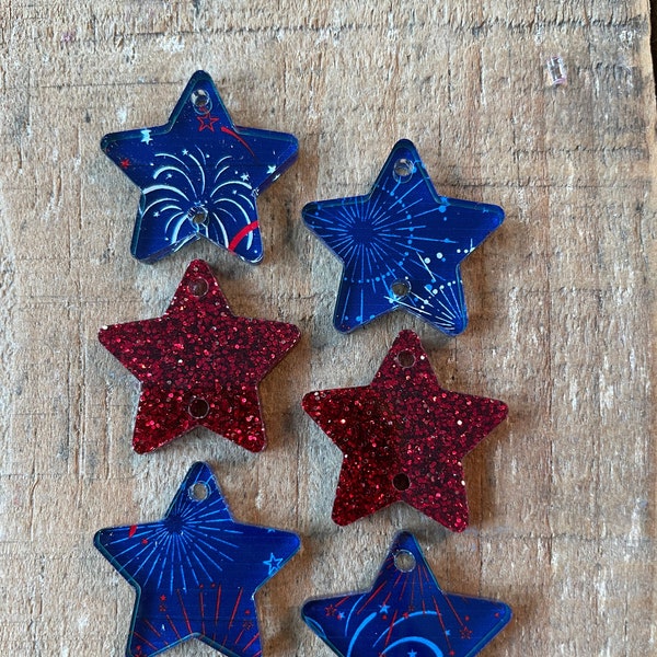 Laser cut 1, 2 or 3 piece 1" Fireworks Stars, Earring Bracelet components July 4th Patriotic Stars, Independence Day 1 piece, 1 pair