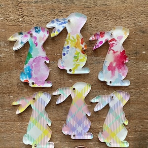 Spring Plaid, Custom laser cut printed acrylic Easter Bunny earring or bracelet components, 38mm x 27mm, 1 piece +