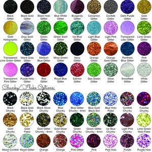 May include: A color chart of glitter options for crafting. The chart shows a variety of colors and finishes, including chunky, flake, holographic, and swirl glitter. The chart is organized by color and includes the names of each glitter option.