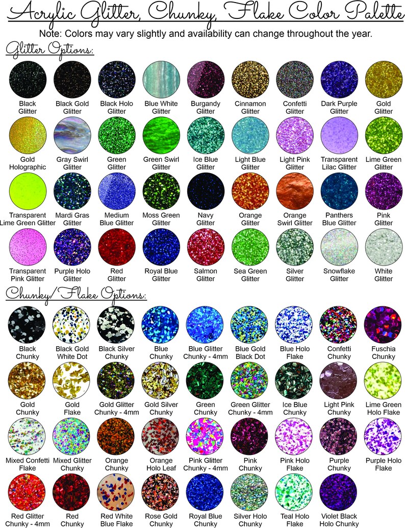 May include: A color chart of glitter options for crafting. The chart shows a variety of colors and finishes, including chunky, flake, holographic, and swirl glitter. The chart is organized by color and includes the names of each glitter option.