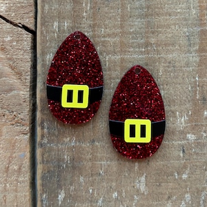 Laser Cut Printed Red Glitter Acrylic Teardrop with Santa Belt 1.5&quot; Bracelet Earring Necklace component