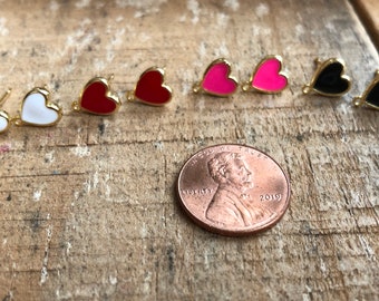 Enameled Small Gold plated brass Heart stud earring with connector 7.7mm, Red, White, Black, Hot Pink options, 1 pair