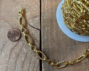 Bulk 18K Gold Plated Braided Link chain Sturdy Chain wholesale jewelry chain by the foot, 12 inches