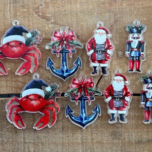 Coastal Christmas Printed, Laser Cut Clear Acrylic Crab, Santa, Nutcracker, Anchor 1.5" Earring, Necklace, Bracelet component, 1 pair, piece