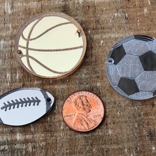 Laser etched mirror acrylic sports pendants bracelet earrings necklace, Football, Basketball, Baseball, Soccer, Volleyball, 1 piece