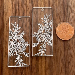 Custom Laser etched transparent acrylic floral rectangle, flower rectangle for earring or necklace, 20mm x 47mm, 1 piece/pair