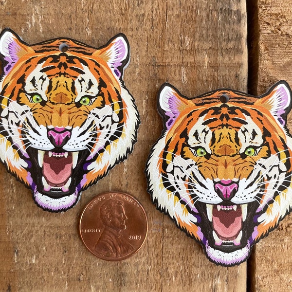 Custom Printed and Laser Cut Tiger Face, Necklace, Earring or Bracelet, 1 piece or 1 pair, various sizes