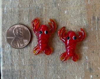 Red Lobster, Crawfish Glass 28mm Beads, Drilled Top to Bottom, 2 beads, Louisiana Crawfish Bead