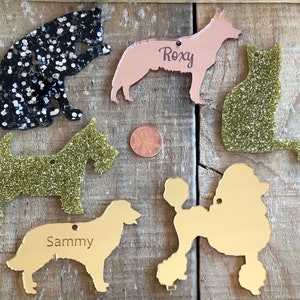 May include: Six different pet name tags, each with a different animal silhouette. The tags are made of gold, silver, and glitter. The tags are personalized with the names "Roxy" and "Sammy".