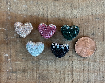 Rhinestone Covered Puffy Heart Bead 18mm x 13mm, 2 tone Rhinestone Heart, 5 color options, 1 piece