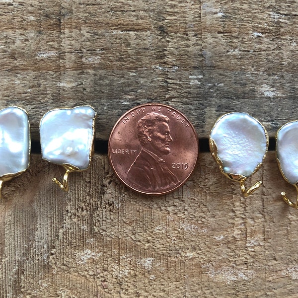Gold Edge Freshwater Pearl stud earring with connector, size varies between 10-14mm, 1 pair