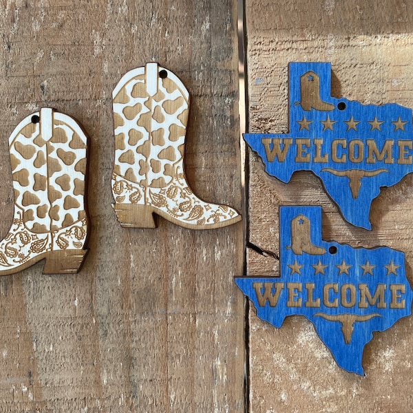 Custom laser etched Wood Texas Cowgirl boots, Texas State Welcome, Rodeo pendants for necklace, earring or bracelet components, 1 piece +