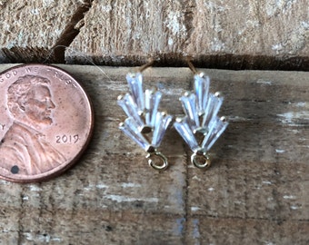 Baguette Shaped Cubic Zirconia Gold Plated Cluster 15mm stud earring with connector, 1 pair