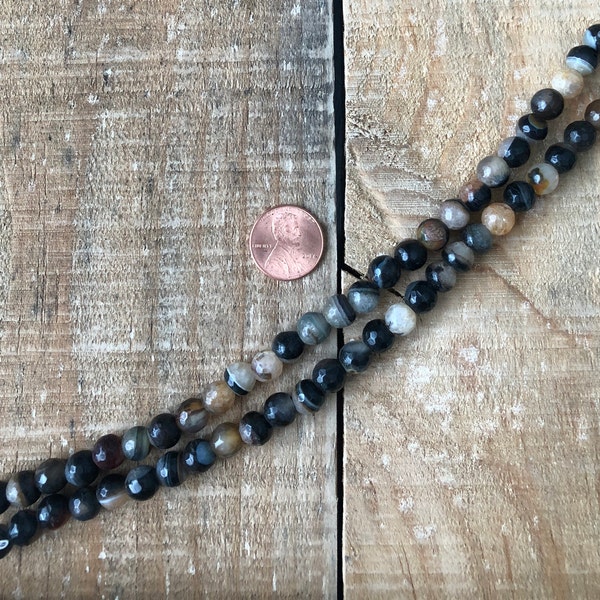 Perles de 8mm facetée d'Agate fissurée, noir, brun, rouge, grand trou, trou de 2,5 mm, brin de 8 pouces