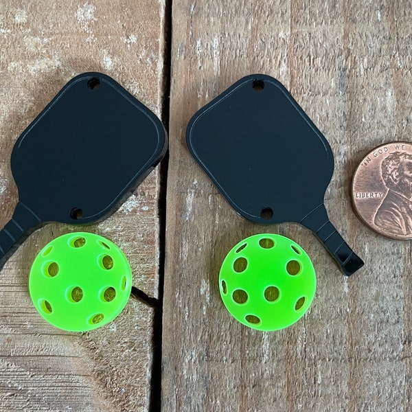 Laser cut and etched 2 piece acrylic Pickleball Paddle with Ball 2" Sports earring components, 1 pair