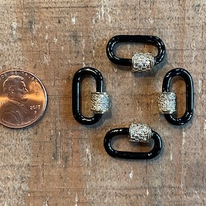 Small Black Enamel Oblong Carabiner, Gold Screw Lock Closure with Clear Cubic Zirconia, Clasp, 18mm x 12mm, 1 piece