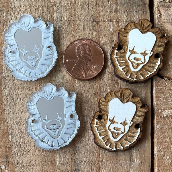 Custom laser etched Pennywise Evil Clown Evil Bozo pendant, necklace, earring or bracelet components 1 piece 1 pair