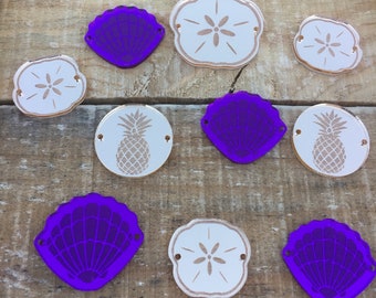 Mirror acrylic Sea Shell, Sand Dollar or Pineapple etched pendants for bracelets or necklaces, 1 piece+