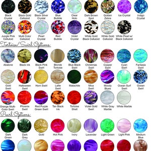 May include: A chart showing different colors and patterns of acrylic pearls, swirls, and bubbles. The chart is divided into three sections: Bubbles, Celluloid Options; Tortoise/Swirl Options; and Pearl Options. Each section has a grid of small circles, each representing a different color or pattern.