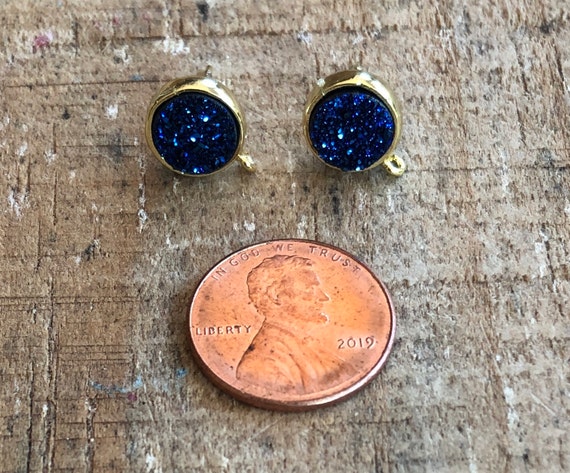 Brass Resin Druzy Cabachon 10mm stud earring with connector, 1 pair, Dark Blue, Gold, Silver, Cyan, Purple/Blue, Pink, Ivory, Rose Gold