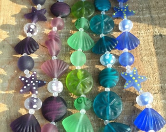 Handmade Lampwork Glass Beach Shell Mix Collection, 8 inch strand