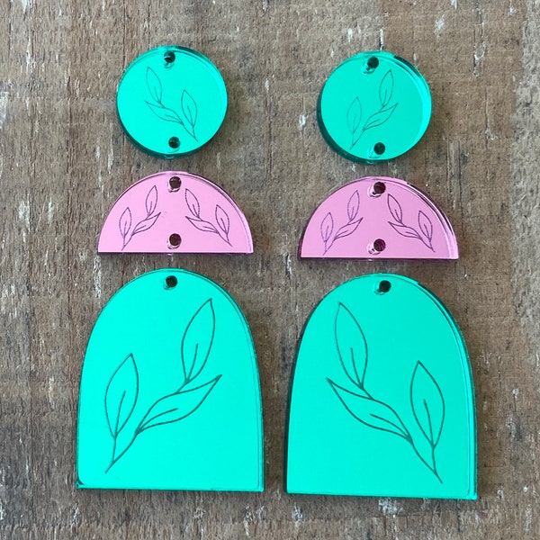 3 piece, 2 color custom laser mirror acrylic etched simple leaf earring components, 2.5" tall, 1 pair, Arch, half circle, circle topper