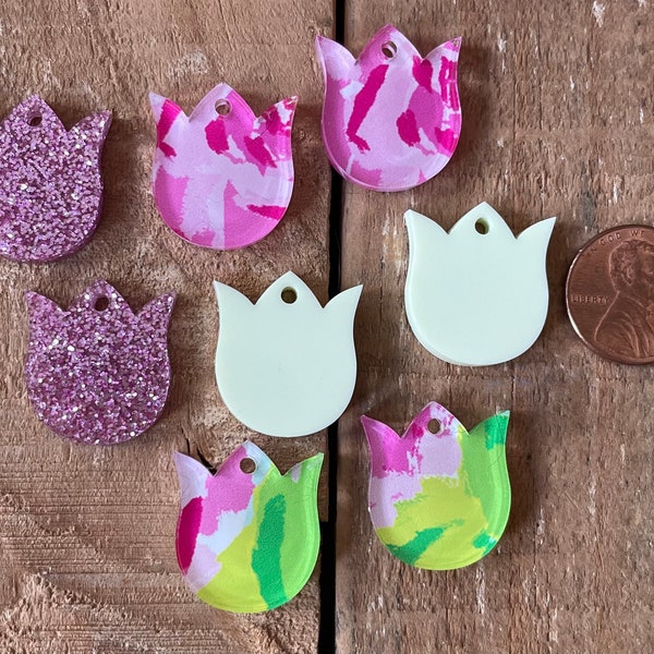 Laser Cut Tulip Flower Acrylic Necklace, Bracelet, Earring or Earring Stud, Plain or Printed acrylic options, 1 pc, 1 pr, various sizes