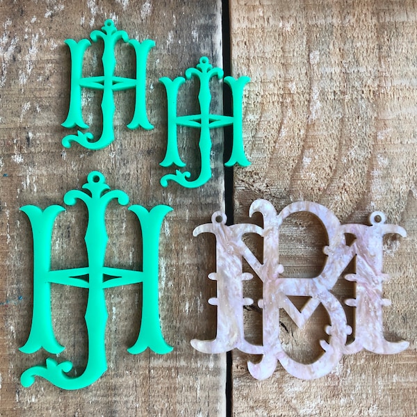 Custom Laser Cut Acrylic Fancy 2 Initial Monogram necklaces or earrings, up to 3 inches, select size