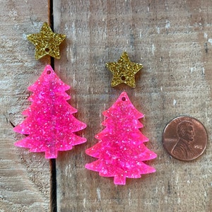 NEW Custom laser cut acrylic Neon Pink Crystal Glitter Christmas tree with or without star, earring or bracelet, 1 piece or 1 pair