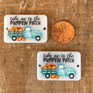 May include: Two white rectangular signs with rounded corners and holes in the top corners. Each sign features a blue pickup truck with a bed full of orange pumpkins. The text on the signs reads "take me to the PUMPKIN PATCH".