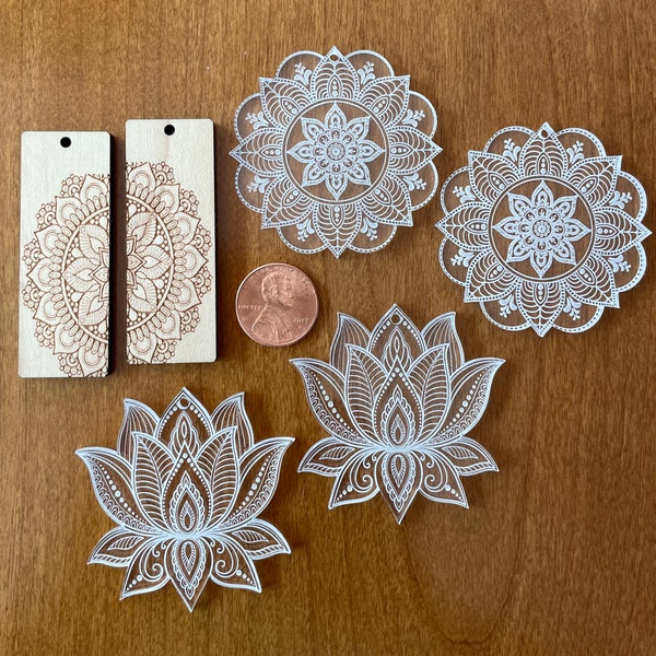 Custom Laser etched acrylic, wood Mandala designs for earring or necklace, Rectangle, Lotus Flower, Flower shapes 1 piece/pair