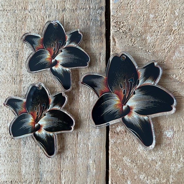 Custom Printed and Laser cut acrylic Black Lily Flower earring necklace components