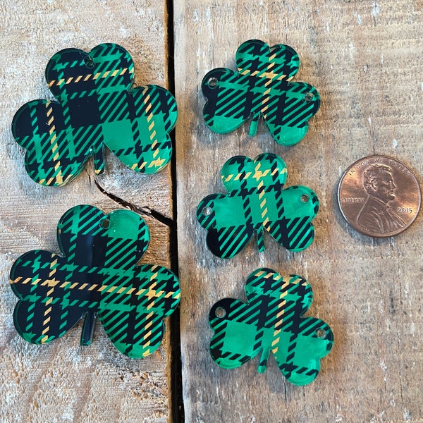 St. Patrick's Day Shamrock, Custom Laser Cut Printed Green Plaid Acrylic Clover, Earring, Bracelet, Necklace