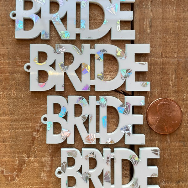 Wholesale custom BRIDE laser cut word white holographic diamond acrylic for earrings or necklace , 1 pair or 1 piece