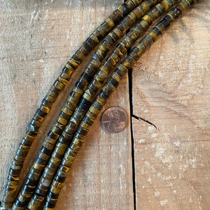Polished Large Hole Tiger Eye Heishi 3-4mm x8mm Beads, 2.5mm hole, 8 inch strand