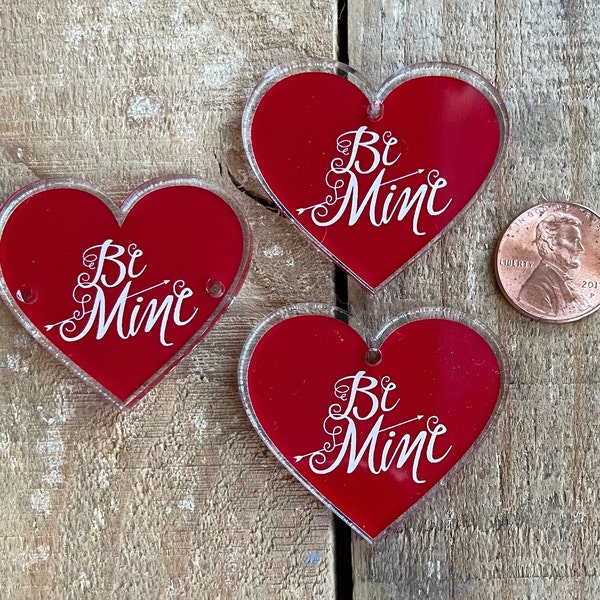 Laser cut, printed acrylic Be Mine Red Heart Bracelet or Earring pendants, 1.5", 1 piece or 1 pair