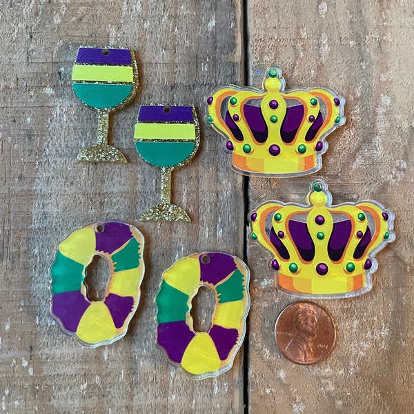 Custom Printed and Laser Cut Mardi Gras Earring, Necklace pendants, King Cake, Crown, Wine Glass, 1 piece or 1 pair