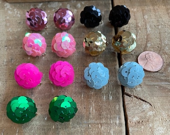 Sequin Dome Stud Earrings, Earring Toppers, 15mm, 1 pair, WITH CONNECTOR, 19 options, Orange, Hot Pink, Green, Gold, Silver, Black, Lilac