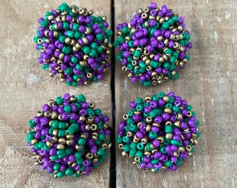 Custom created Mardi Gras themed Seed Bead Dome Earring connectors, Beaded Earring Topper, 30mm, 1 pair, New Orleans Earring