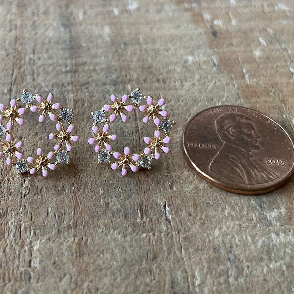 Pink Flower Wreath 14mm with Clear Cubic Zirconia 18K Gold Plated Brass Studs with Enamel and Connector Loop, Nickel Free, 1 pair