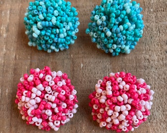 Custom created multi-color Pink, Light Blue Seed Bead Dome Earring connectors, Valentines Day Beaded Earring Topper, 30mm, 1 pair