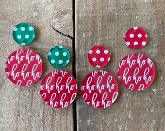 Custom Printed clear acrylic 2 piece Holiday Christmas ho ho, Polka Dot, mix and match Earring Circle components, 2", 1 pair