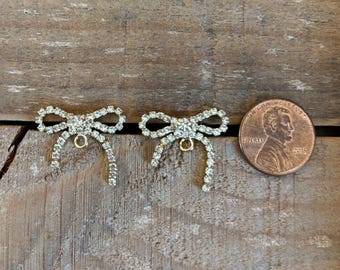 Gold plated 22mm Rhinestone Bowknot Stud Earrings, Bow stud earring with connector loop, 1 pair, Gold Bow Stud