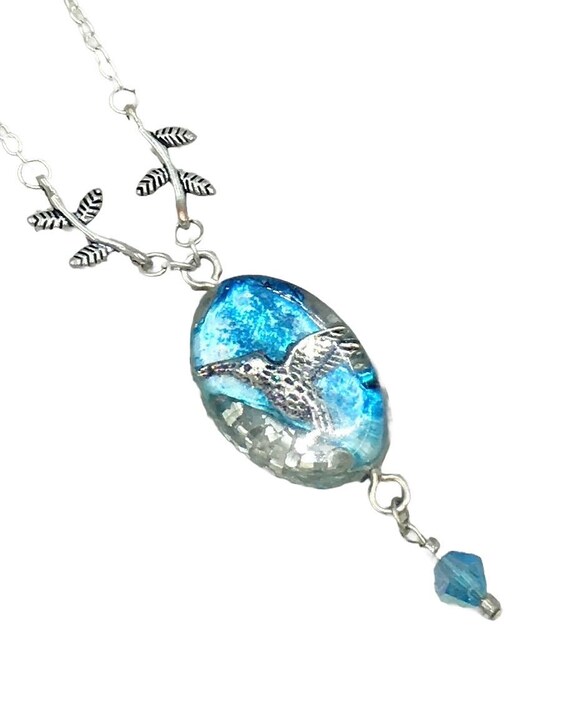 Blue Resin Sterling Silver Humming Bird Necklace Blue Resin Sterling Silver Humming Bird Necklace