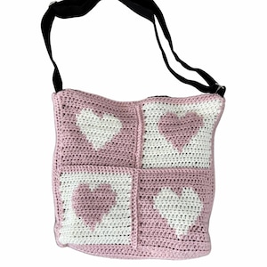 Valentines Day Heart Handmade Crochet Tote Bag with Crossbody Strap Pink and Cream
