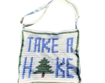 Crocheted Tote Bag | Mountain Landscape, "Take a Hike" Text, Canvas Base
