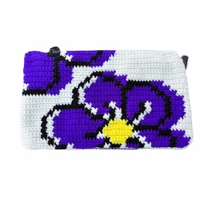 Handmade Crochet Purple Flower Clutch: Canvas Zipper Pouch with Carabiner