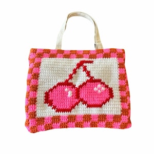 Handmade Crochet Tote Bag: Apple & Cherries, Retro Checkered Trim