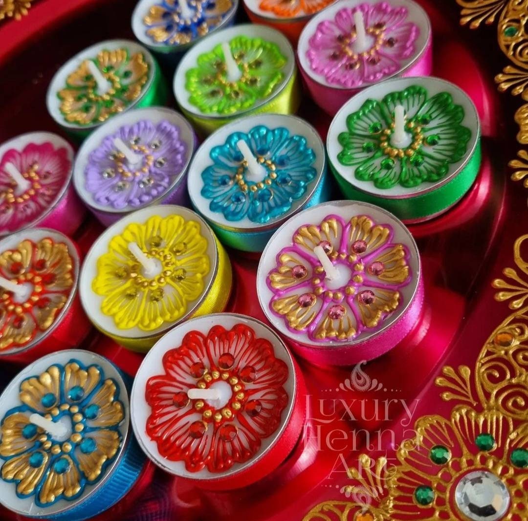Handmade Henna Painted Love Heart Tea Light Candles - Set Of 12 (Multicolor)