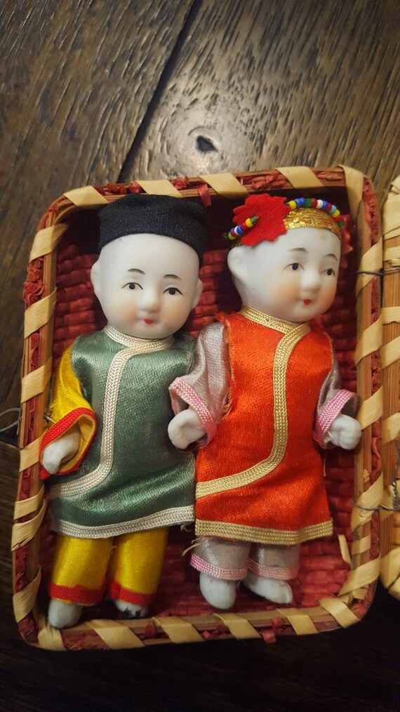 Japanese Porcelain Dolls in Woven Basket 1950's Etsy